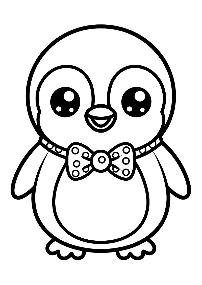 Kleurplaat van een kawaii pinguin met enorme glanzende ogen en een gestippelde vlinderstrik om zijn nek