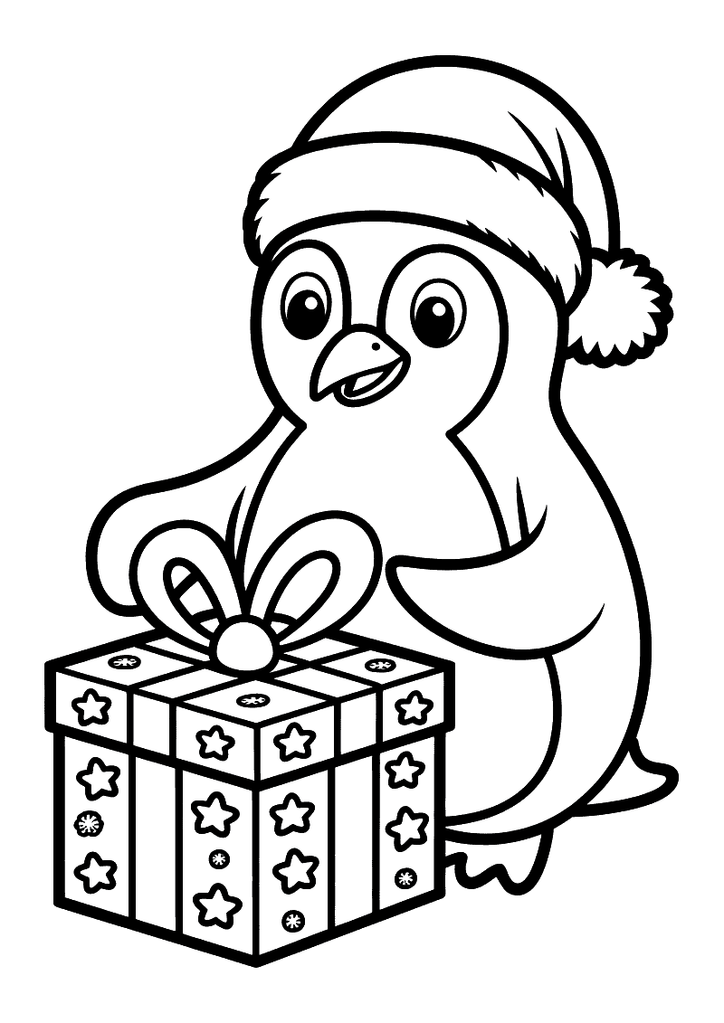 Kleurplaat van een pinguin met kerstmuts die een groot cadeaupakket met sterpatroon en strik vasthoudt en uitpakt