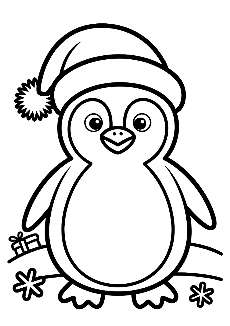 Kleurplaat van een lachende pinguin met een grote rode kerstmuts, sneeuwvlokken op de grond en een klein cadeautje bij z