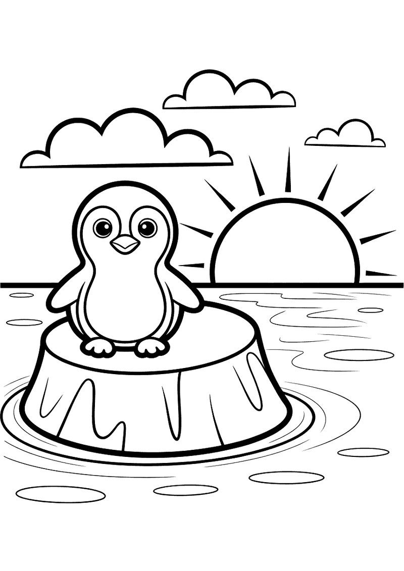 Kleurplaat van een kleine pinguin op een ronde ijsschots die uitkijkt over het water naar een ondergaande zon met wolken