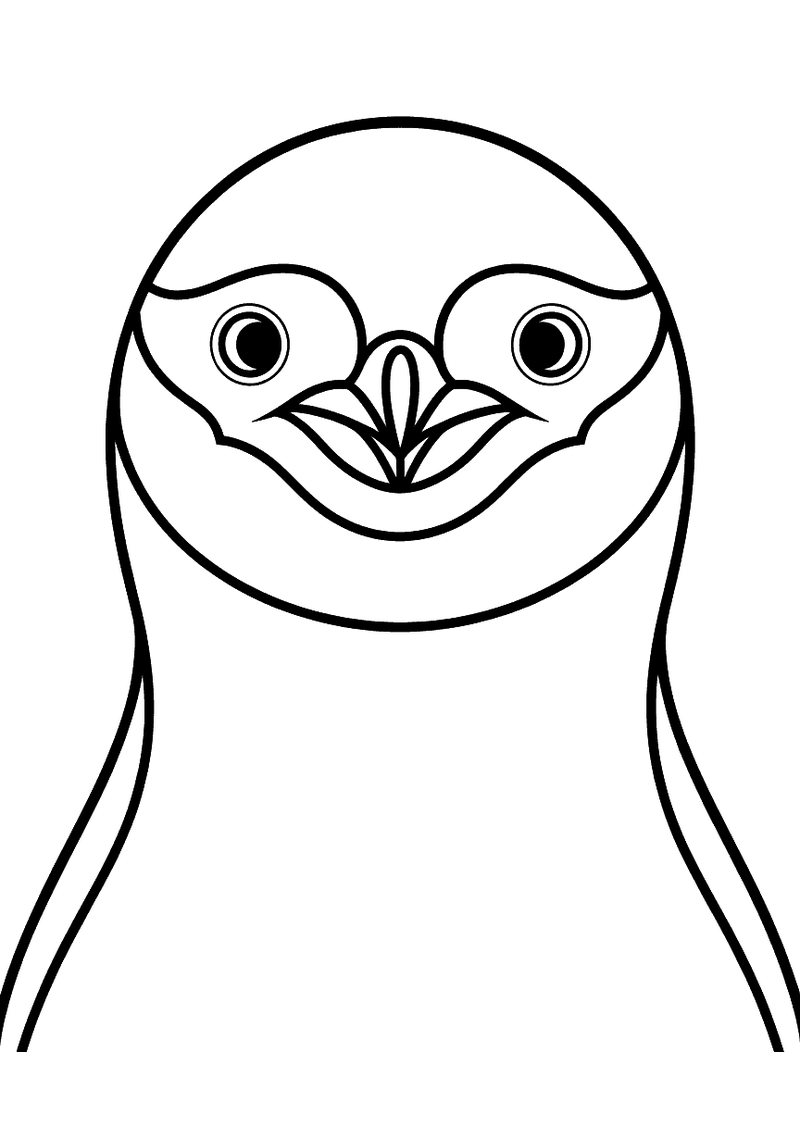 Kleurplaat van een close-up pinguingezicht met brede donkere wenkbrauwen, grote ogen en een brede snavel in frontaanzich