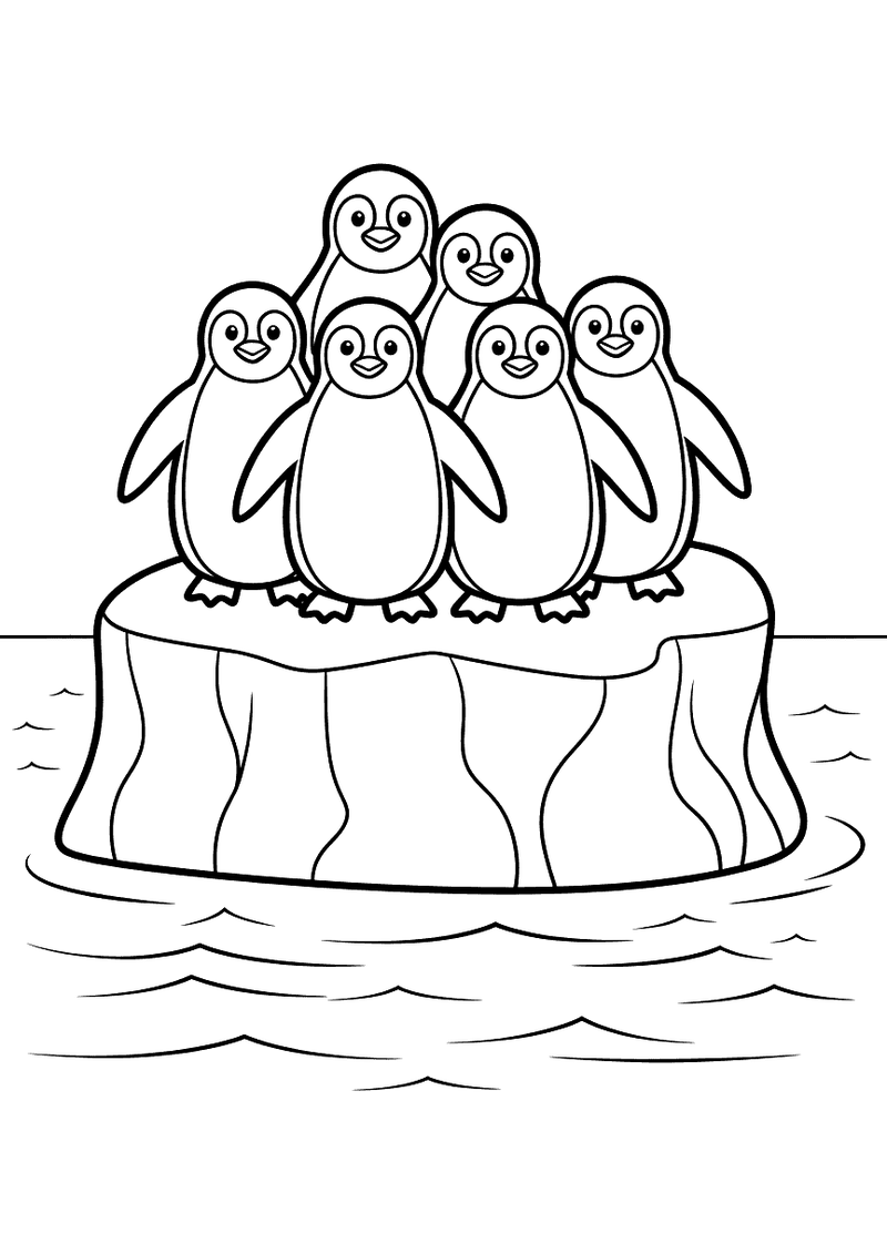 Kleurplaat van zeven pinguins die dicht op elkaar gepakt staan op een grote drijvende ijsberg omringd door water