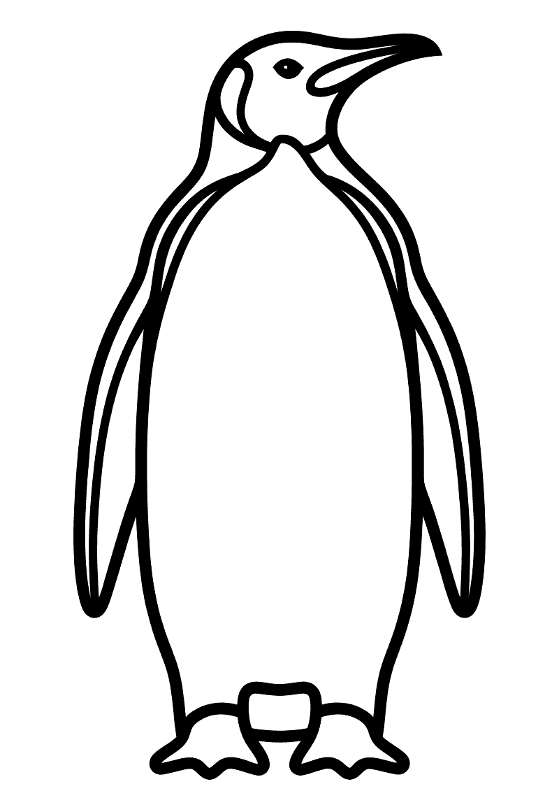 Kleurplaat van een elegante koningspinguin in zijaanzicht die rechtop staat met lange vleugels langs zijn lichaam en ei