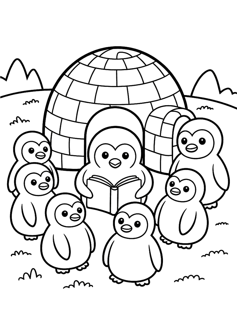 Kleurplaat van een pinguin die een boek voorleest aan vijf kuikens die voor een iglo in het gras zitten te luisteren