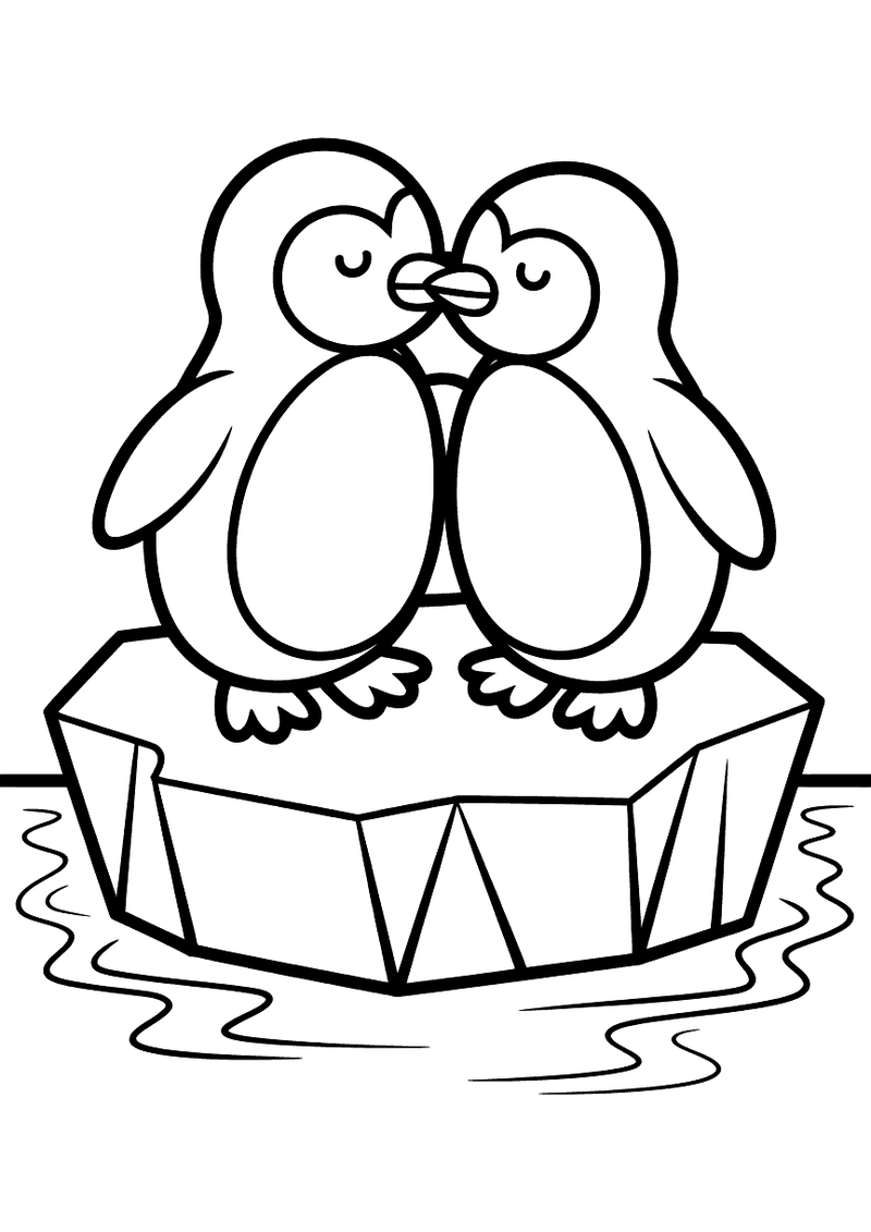 Kleurplaat van twee pinguins die snavel aan snavel op een kleine ijsberg zitten omringd door rustig poolwater