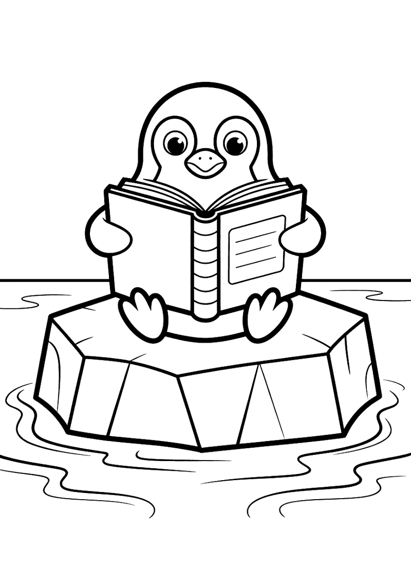 Kleurplaat van een kleine pinguin die een open boek vasthoudt en leest terwijl hij op een ijsschots zit met water eromhe