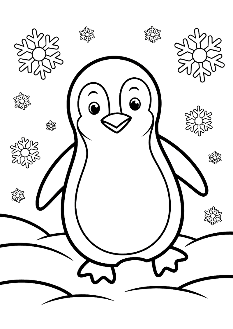 Kleurplaat van een lachende pinguin die in een sneeuwlandschap staat terwijl grote sneeuwvlokken om hem heen dwarrelen