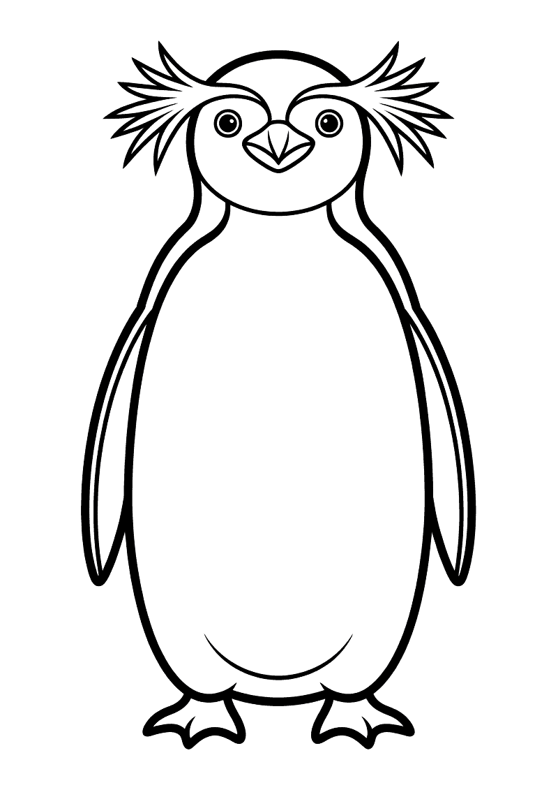 Kleurplaat van een macaronipinguin die rechtop staat met kenmerkende gele kuifveren aan weerszijden van zijn hoofd