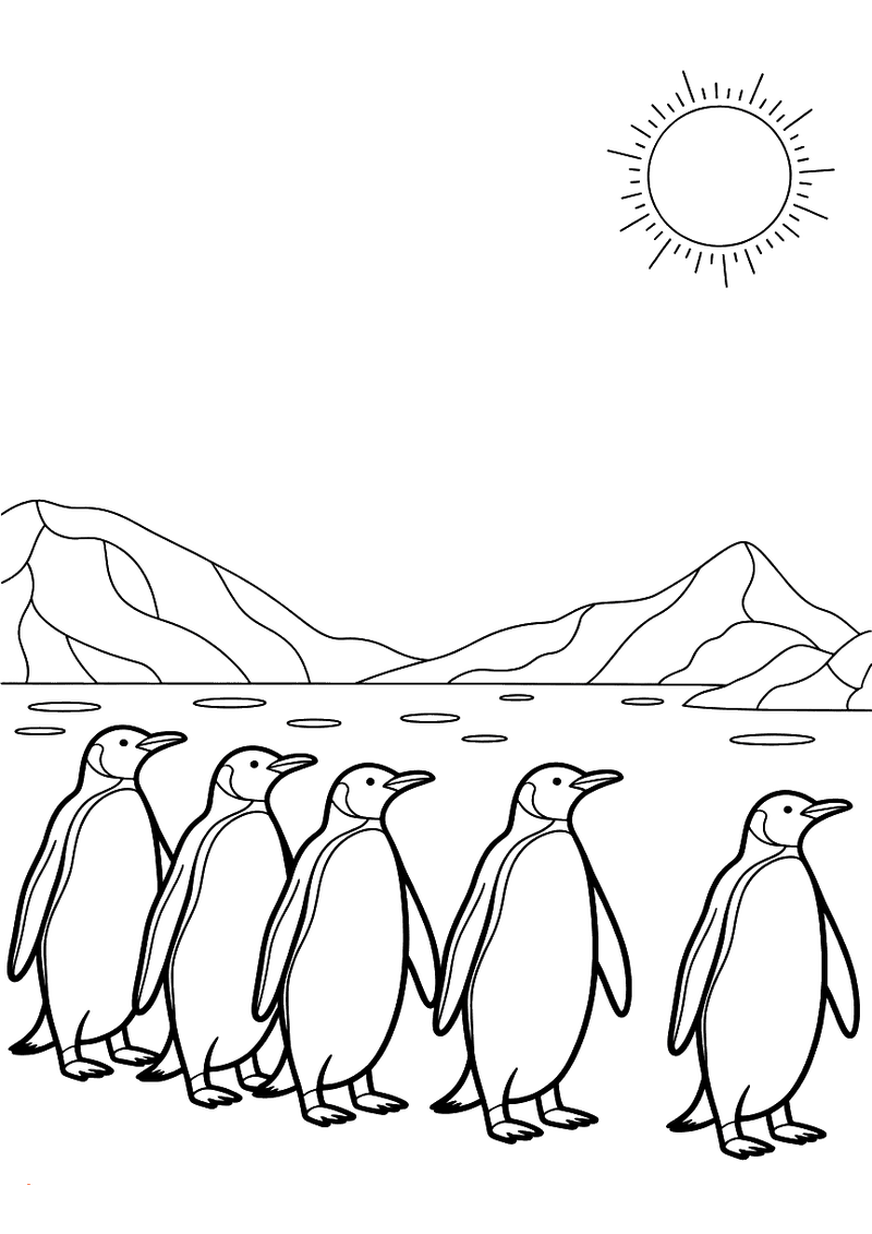 Kleurplaat van zes keizerspinguins die in een rij marcheren door het ijs van Antarctica met ijsbergen en zon op de achte