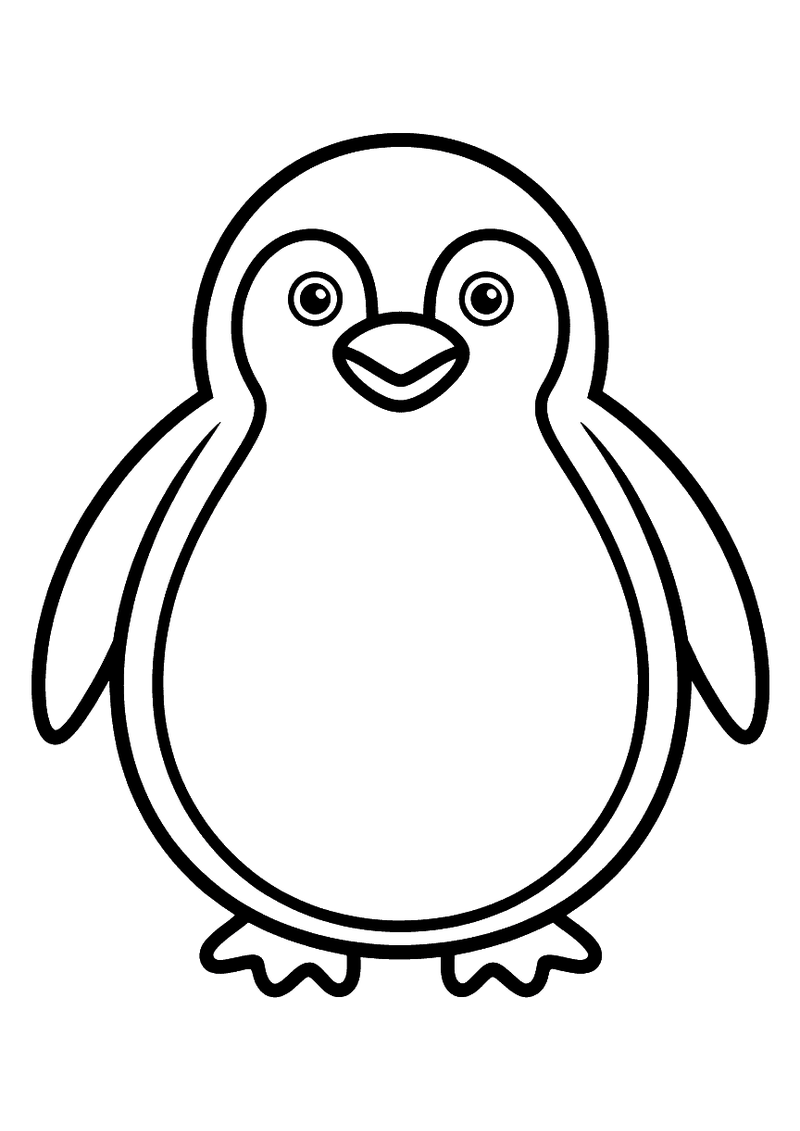 Kleurplaat van een mollige kleine pinguin met een ronde buik, brede glimlach en kleine vleugelhandjes