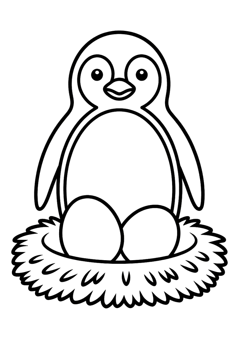 Kleurplaat van een pinguin die rustig zit op een rond nest van gras met twee grote eieren voor zijn poten