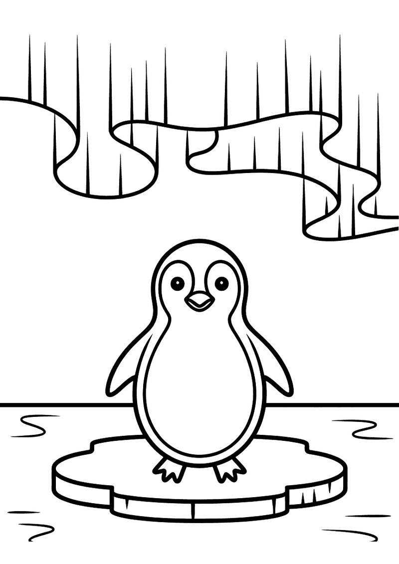 Kleurplaat van een kleine pinguin op een ijsschots terwijl golvende lichtstrepen van het noorderlicht boven hem hangen
