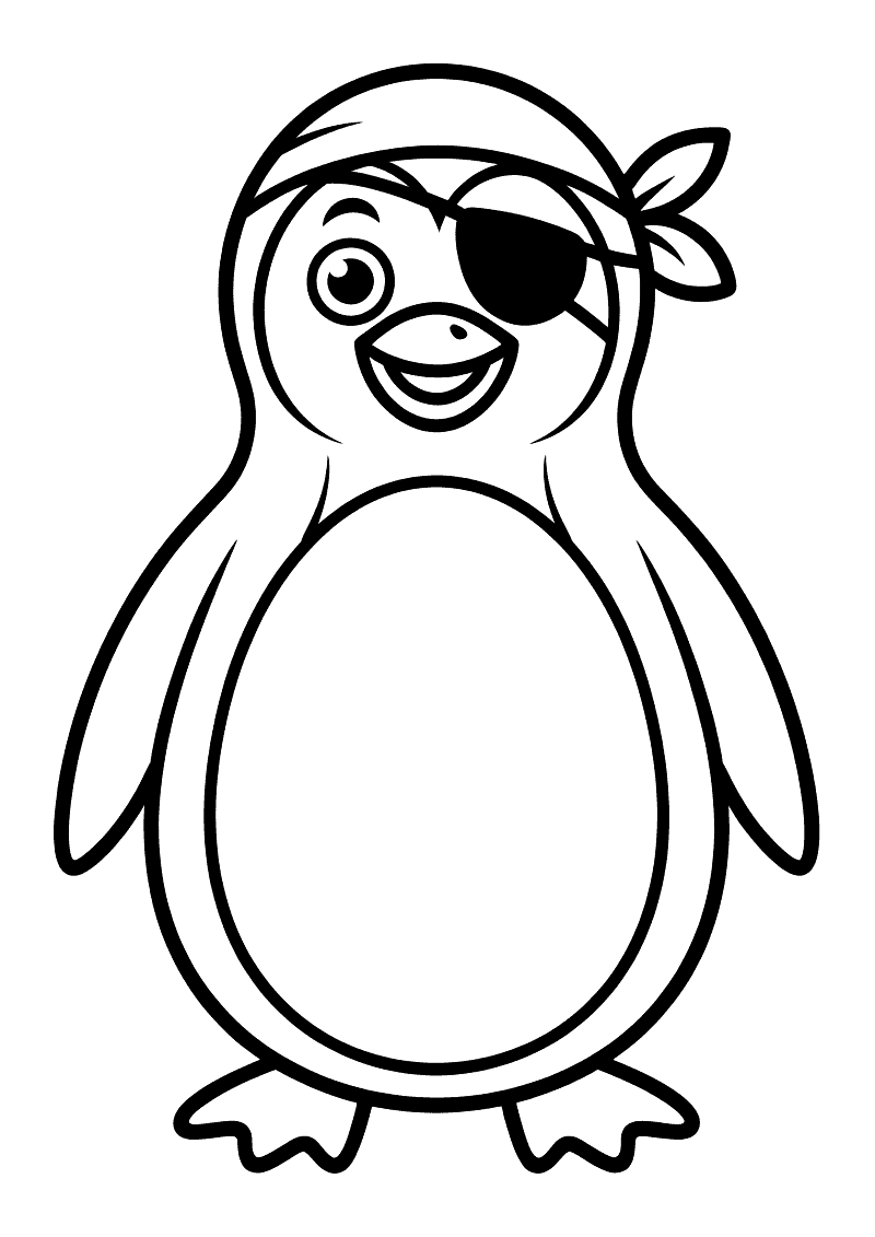 Kleurplaat van een lachende pinguin verkleed als piraat met een zwarte ooglap, hoofddoek en een groot lachend gezicht