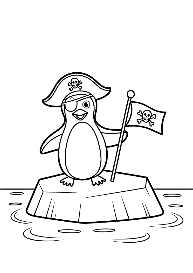 Kleurplaat van een pinguin in piratenkostuum met driekantsteek hoed op een ijsberg terwijl hij een jolly roger vlag vast