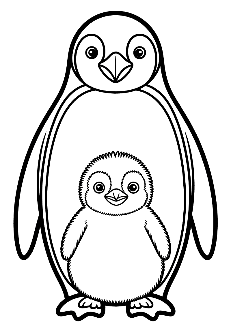 Kleurplaat van een grote pinguin die zijn vleugels uitstrekt terwijl een klein pluizig kuiken voor hem staat en omhoog k