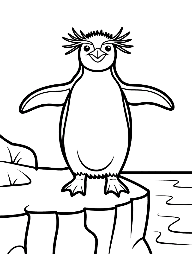 Kleurplaat van een rotsspringer pinguïn met puntige kuif die trots op een ijsschots staat met gespreide vleugels