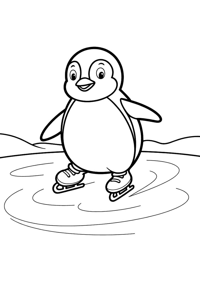 Kleurplaat van een vrolijk pinguïntje dat op schaatsen ronddraait op een bevroren meer met besneeuwde heuvels