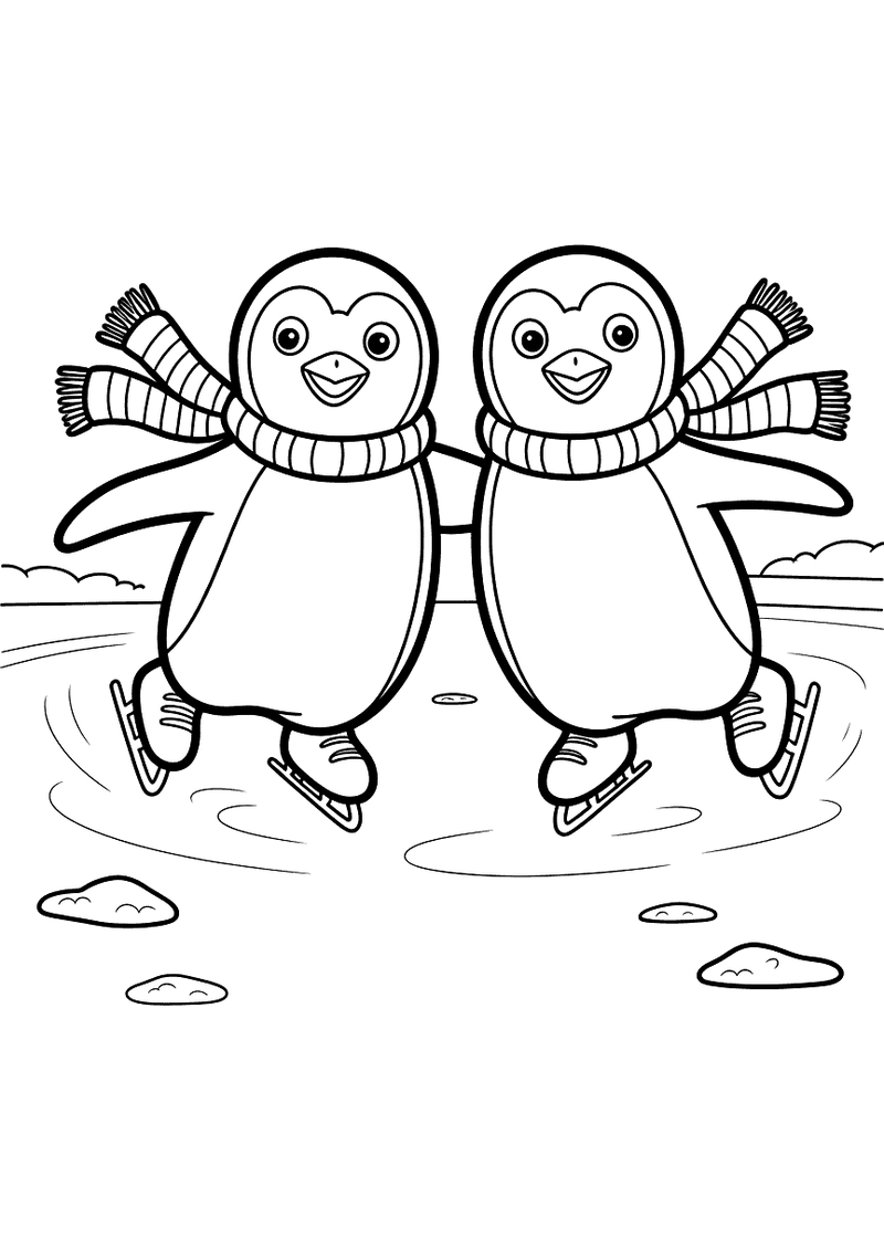 Kleurplaat van twee pinguïntjes met gestreepte sjaals die samen schaatsen en hand in hand over het ijs glijden