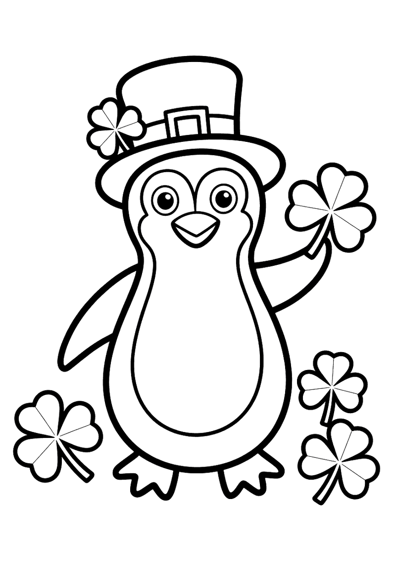 Kleurplaat van een pinguin met grote Ierse hoge hoed die een klavertjevier vasthoudt met meer klavertjes eromheen