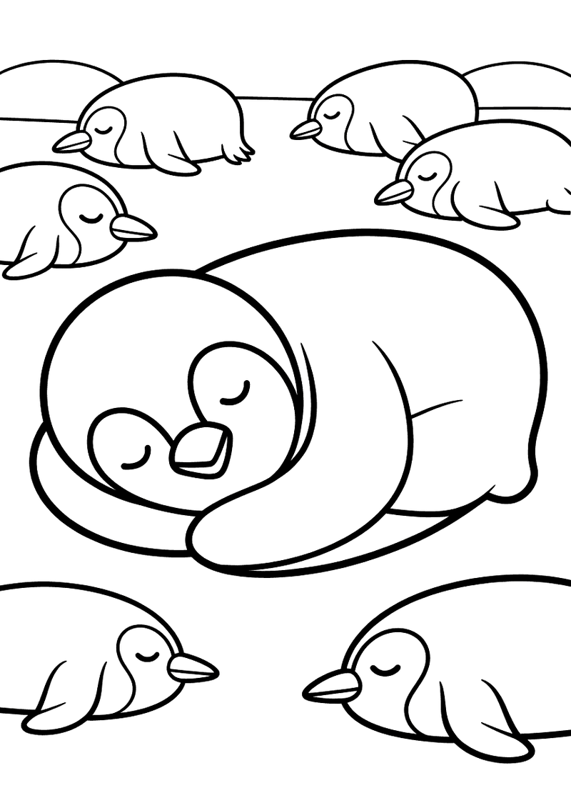 Kleurplaat van een grote slapende pinguïn omringd door vele kleine slapende pinguïntjes die samen een kolonie vormen