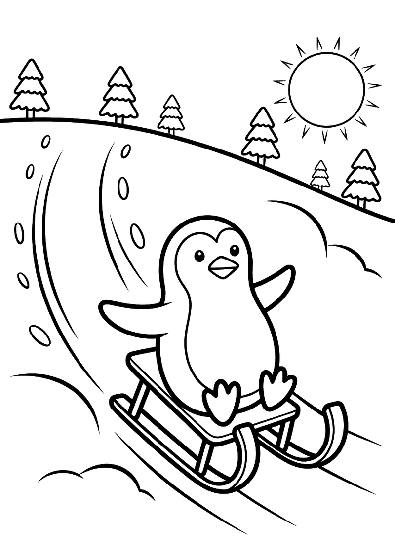 Kleurplaat van een vrolijk pinguïntje dat op een houten slee een besneeuwde helling af raast langs dennenbomen onder een