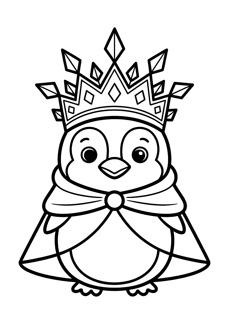 Kleurplaat van een schattig pinguïntje verkleed als winterprinses met een grote ijskristallenkelkroon en een wapperende