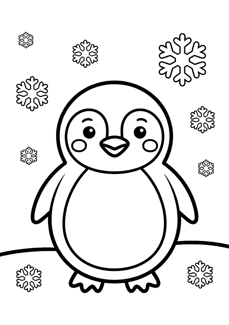 Kleurplaat van een vrolijk pinguïntje dat tussen grote dwarrelende sneeuwvlokken staat op een besneeuwde ondergrond