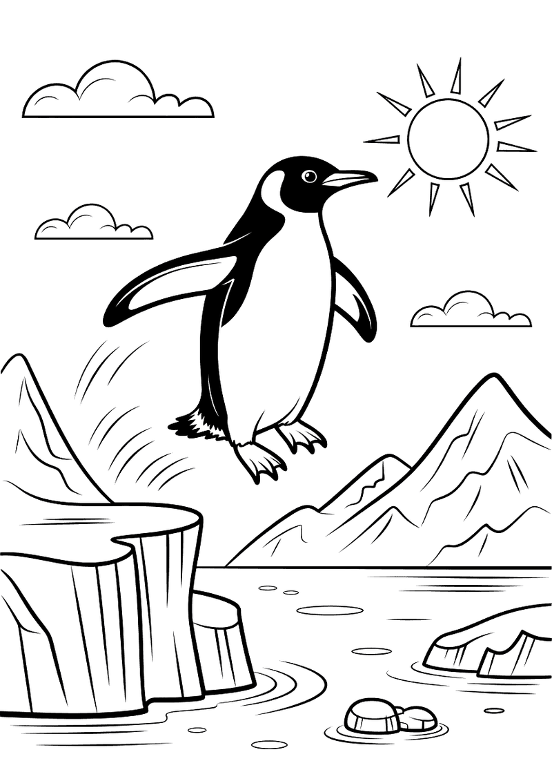 Kleurplaat van een adelie pinguïn die met gespreide vleugels van een hoge ijsschots springt richting het poolwater met b
