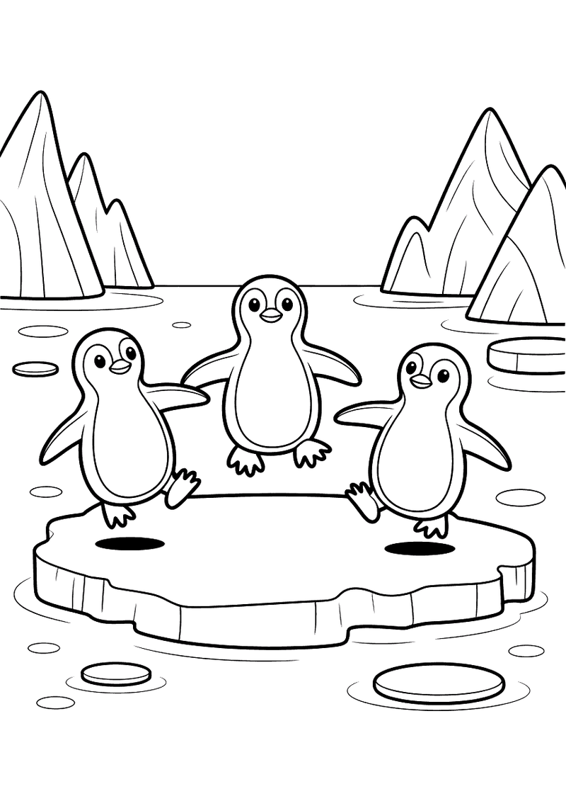Kleurplaat van drie vrolijke pinguïntjes die naast elkaar op een grote ijsschots staan met ijsbergen en open water op de