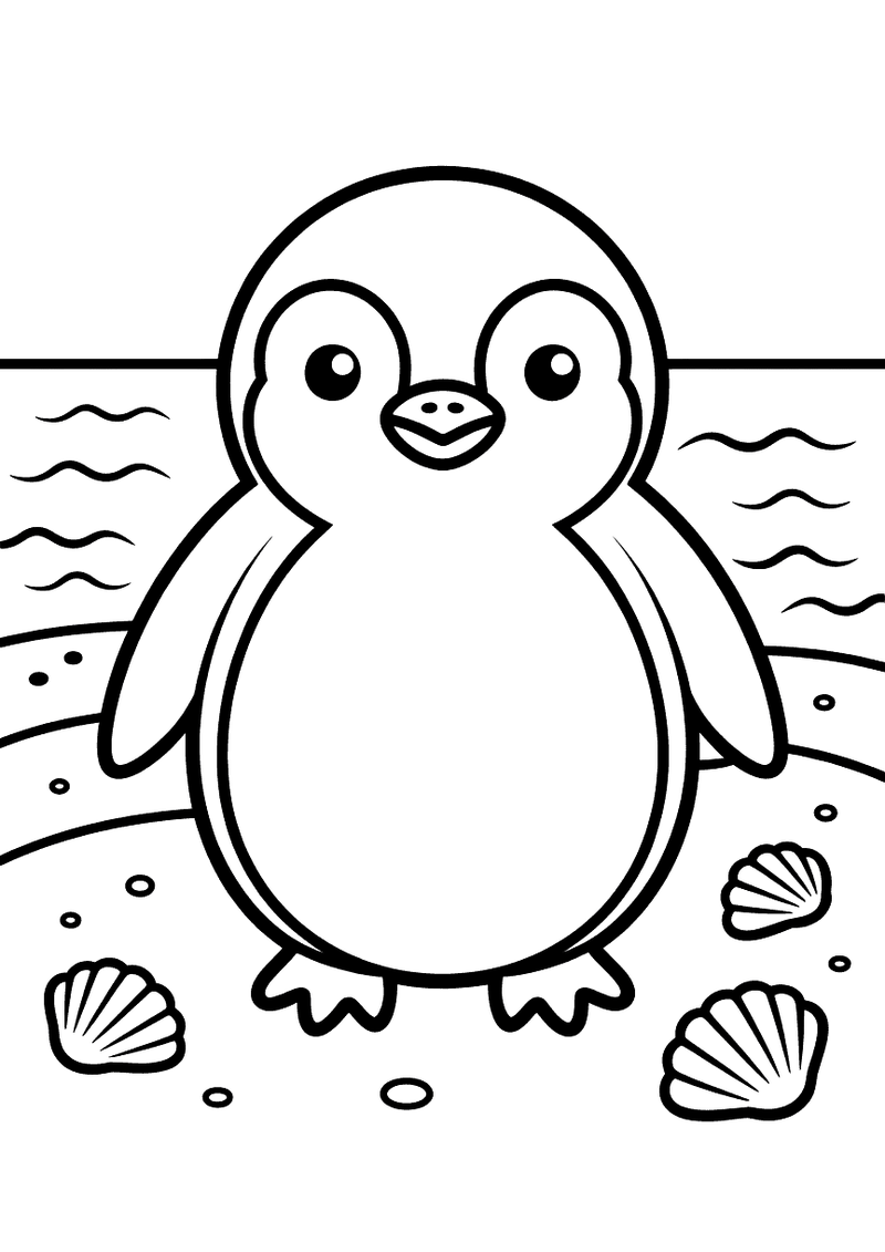 Kleurplaat van een schattig pinguintje dat op een strand staat met schelpen om hem heen en zee op de achtergrond
