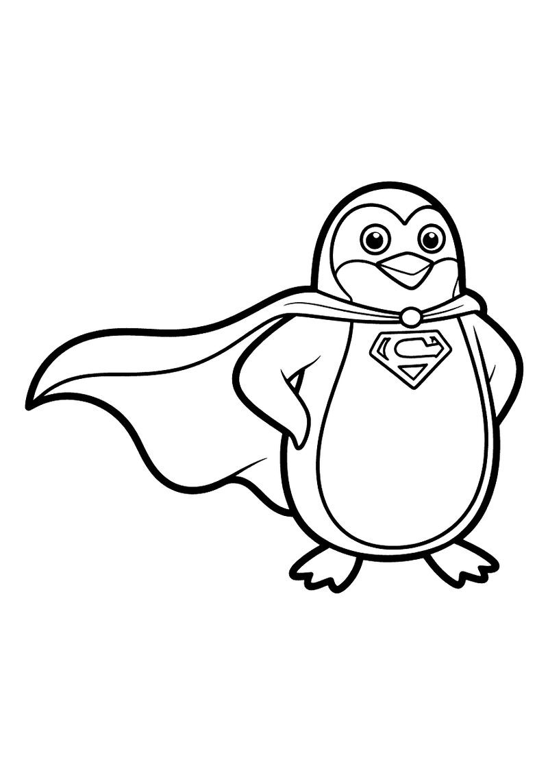 Kleurplaat van een pinguin verkleed als superheld met wapperende cape en een ster-vormig embleem op de borst