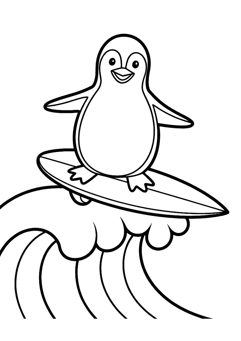 Kleurplaat van een vrolijke pinguin die balancerend op een surfplank over de top van een grote golf surft
