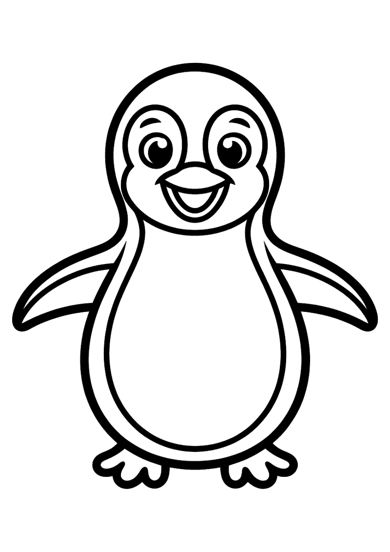 Kleurplaat van een vrolijk lachend pinguintje in tekenfilmstijl met grote ronde ogen en gespreide vleugels