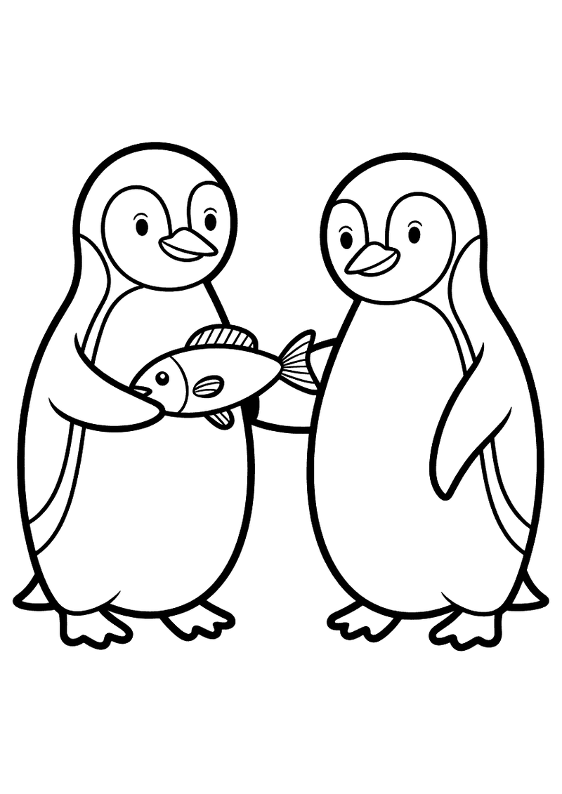 Kleurplaat van twee pinguins die naast elkaar staan terwijl een vis tussen hen in wordt overhandigd