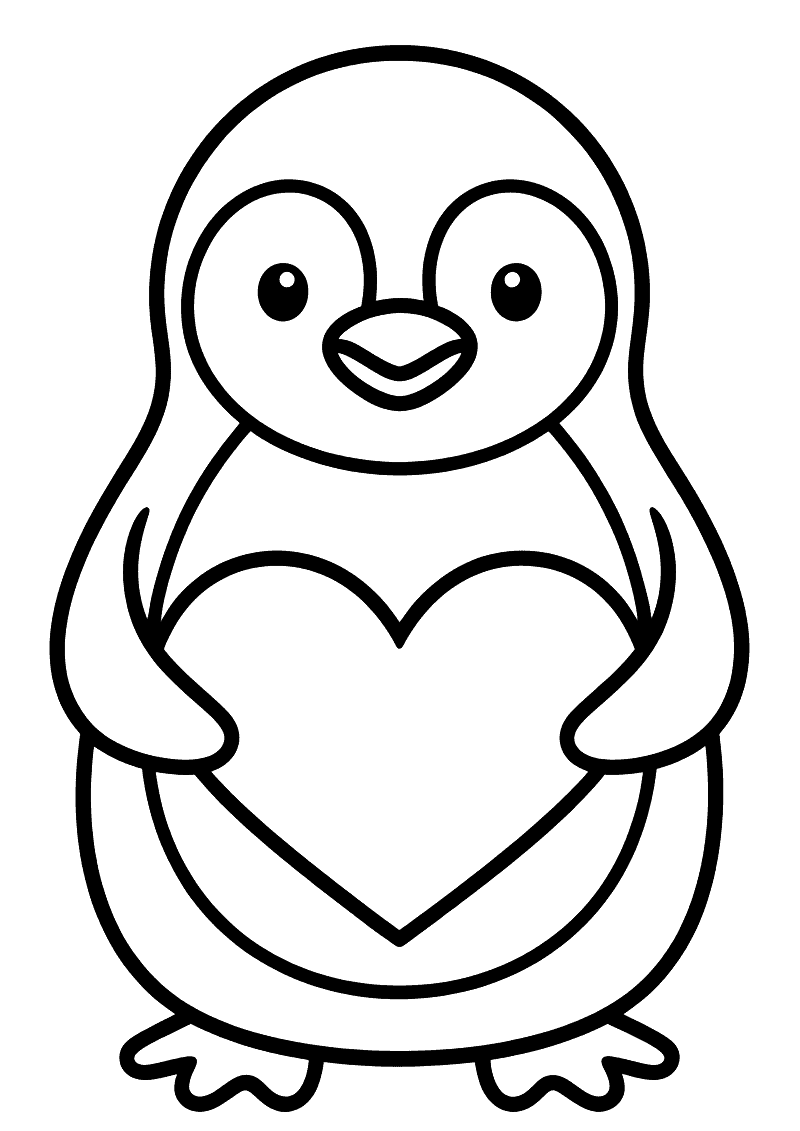 Kleurplaat van een schattig pinguintje dat met beide vleugels een groot hart vasthoudt voor zijn buik