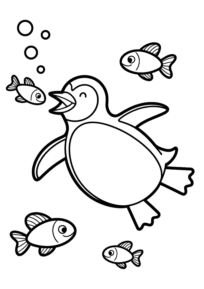 Kleurplaat van een pinguin die onderwater zwemt met open snavel en vier kleine visjes om zich heen tussen luchtbellen