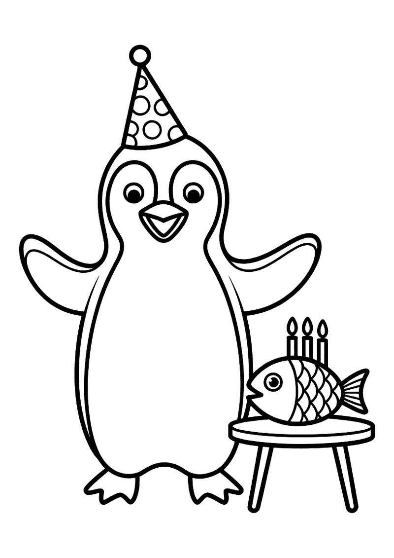 Kleurplaat van een pinguin met stippen feestmuts naast een tafel met een visvormige taart met drie kaarsjes