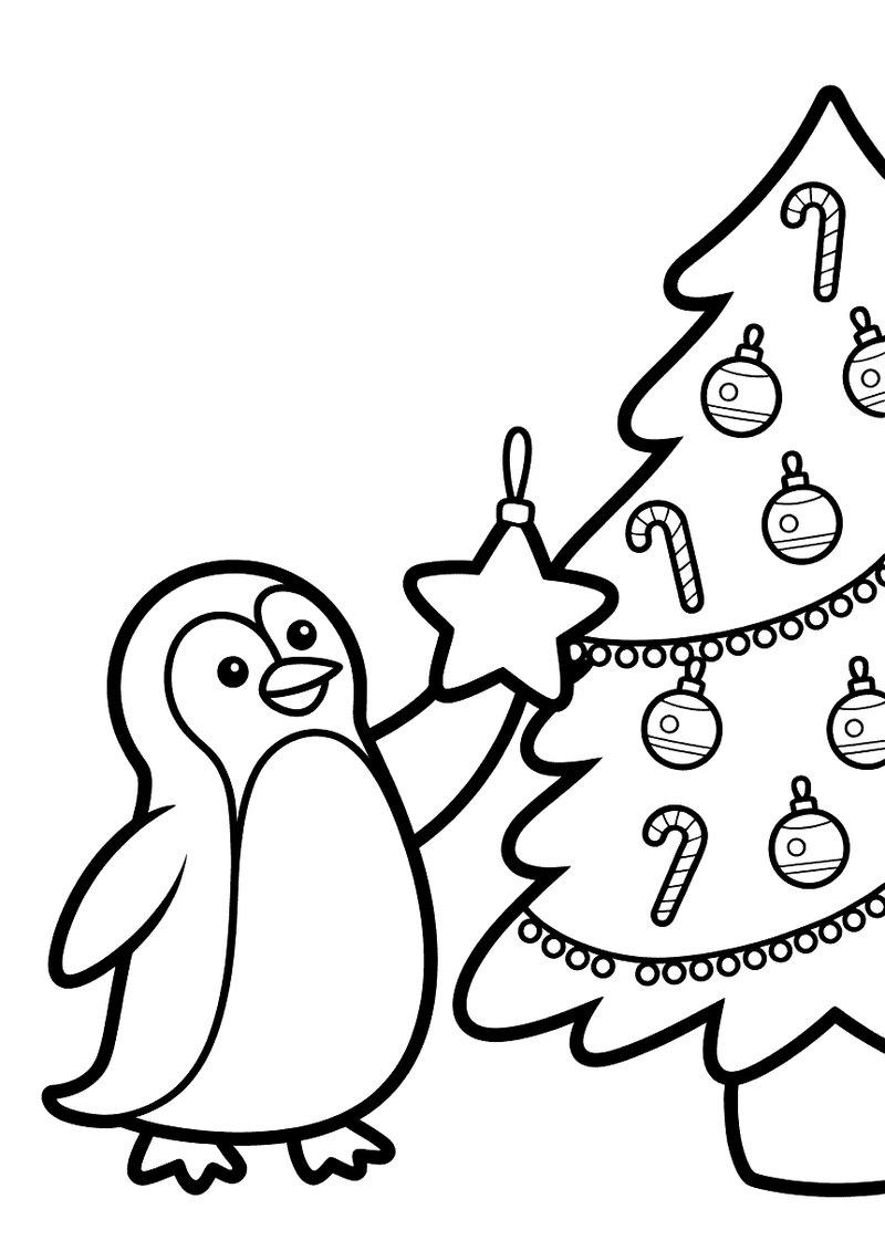 Kleurplaat van een pinguin die een ster aan een grote kerstboom vol ballen, zuurstokken en slingers hangt