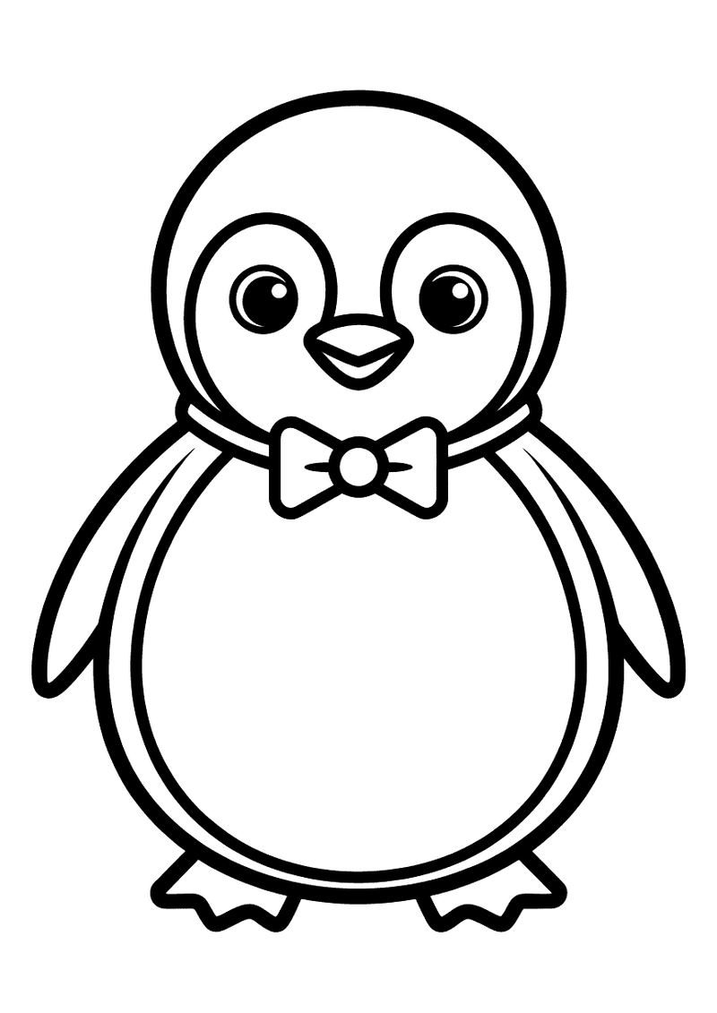 Kleurplaat van een pinguin met grote ronde ogen en een nette vlinderdas met strikje om de hals