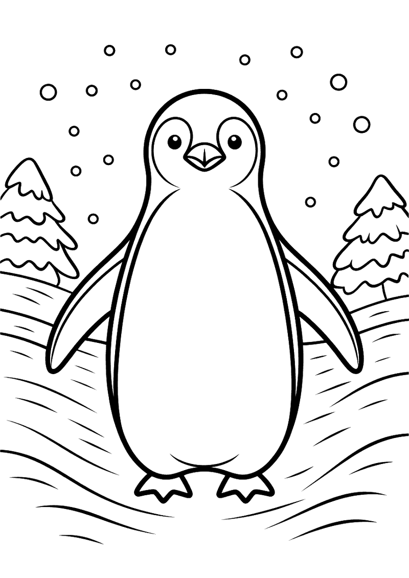 Kleurplaat van een pinguin die door een besneeuwd landschap waggelt met dennenbomen op de achtergrond en sneeuwvlokken
