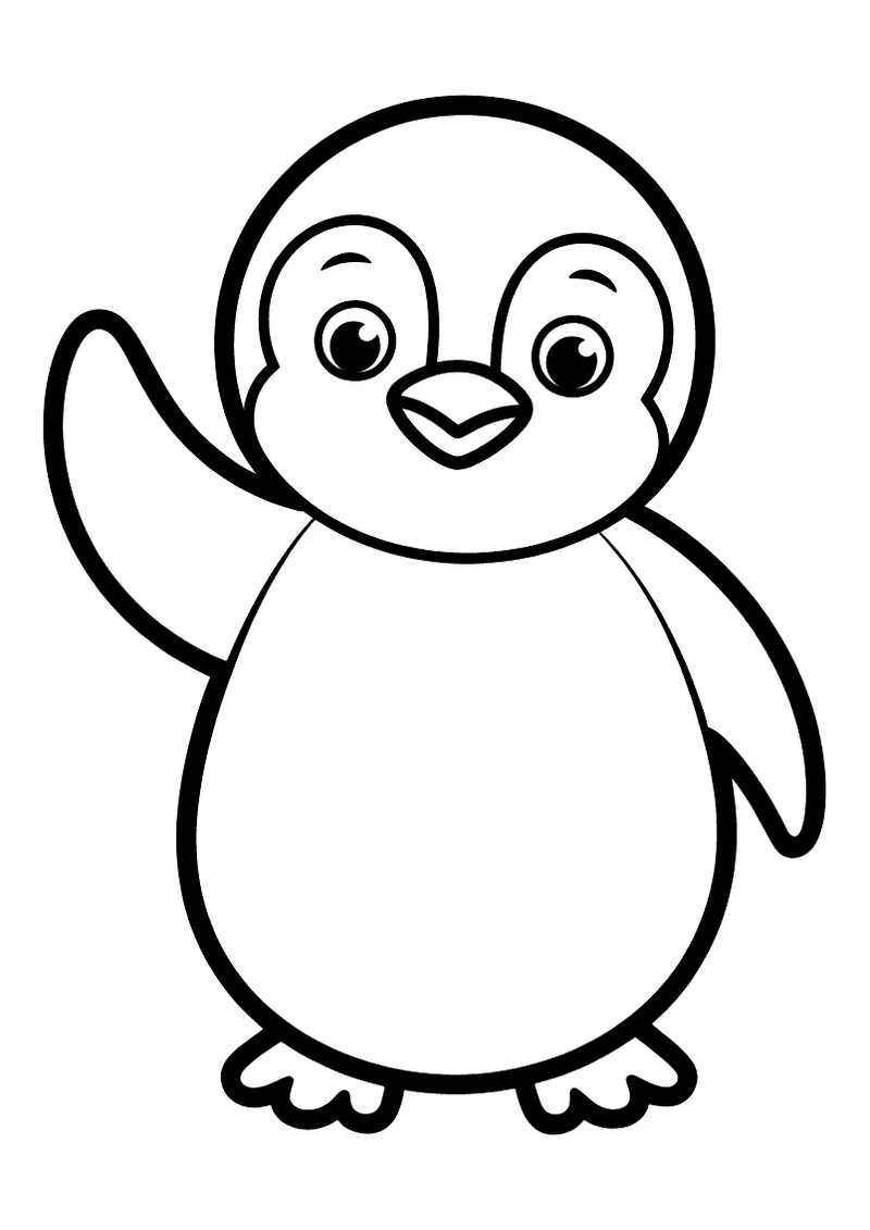 Kleurplaat van een schattig pinguintje dat vriendelijk zwaait met een vleugel omhoog en een glimlach op zijn snavel