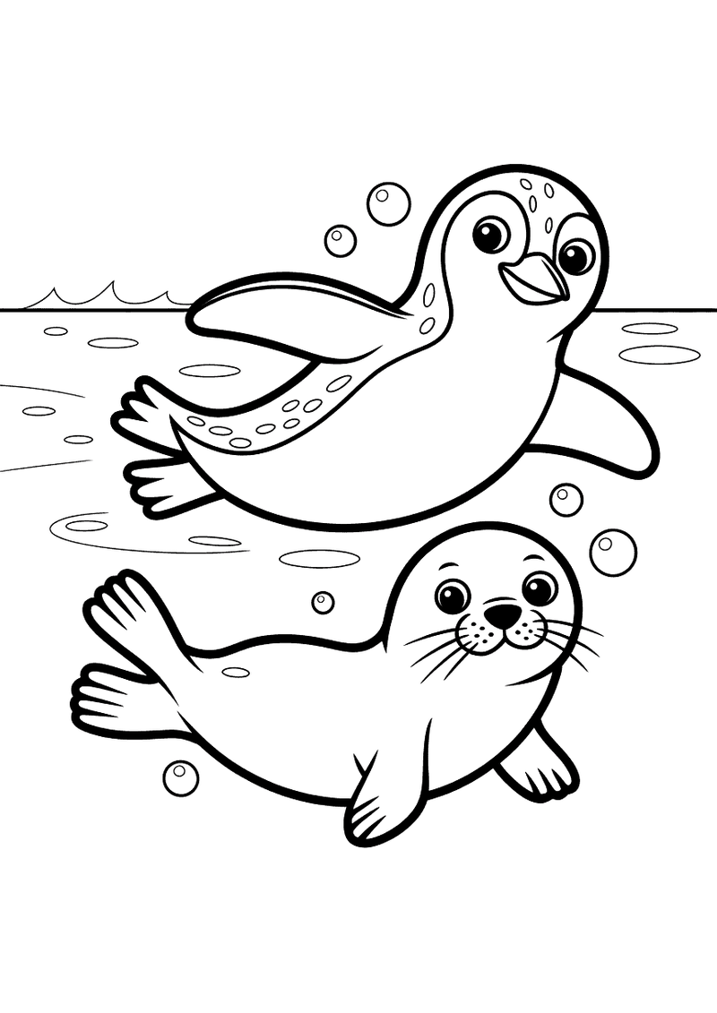 Kleurplaat van een pinguin en een zeehond die naast elkaar door het water zwemmen tussen luchtbelletjes