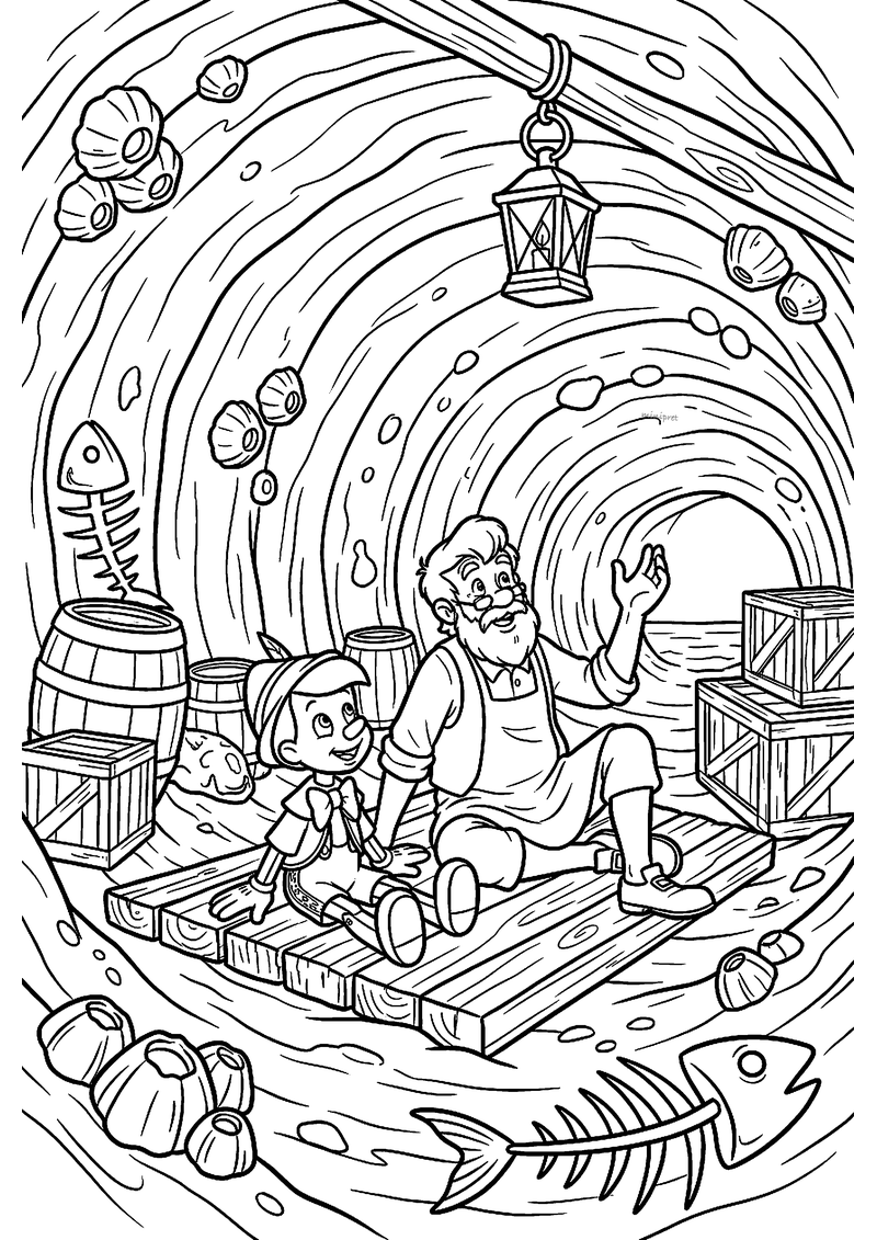 Kleurplaat van Pinokkio en Geppetto op een houten vlot in de buik van de walvis, met tonnen, kisten en een lantaarn