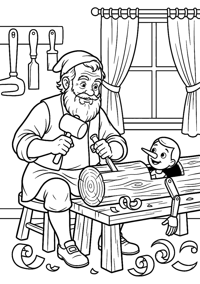 Kleurplaat van Geppetto die met hamer en beitel een boomstam bewerkt waaruit het hoofd van Pinokkio piept