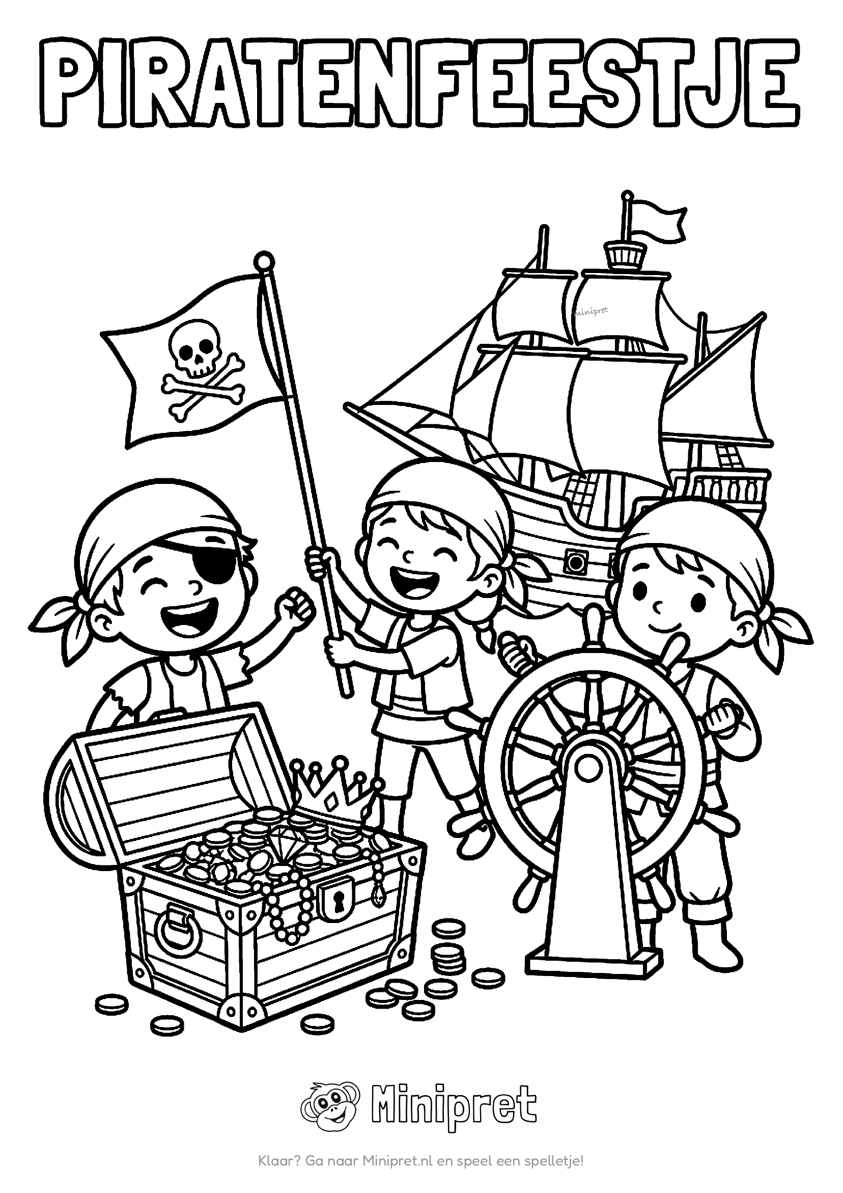 Piratenfeestje kleurplaat — kinderen verkleed als piraten met ooglapje, hoed en schatkist