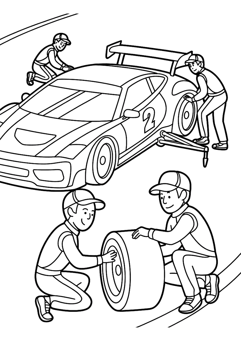 Kleurplaat van vier pitcrew-monteurs die tijdens een pitstop de banden van raceauto nummer 2 wisselen op het circuit