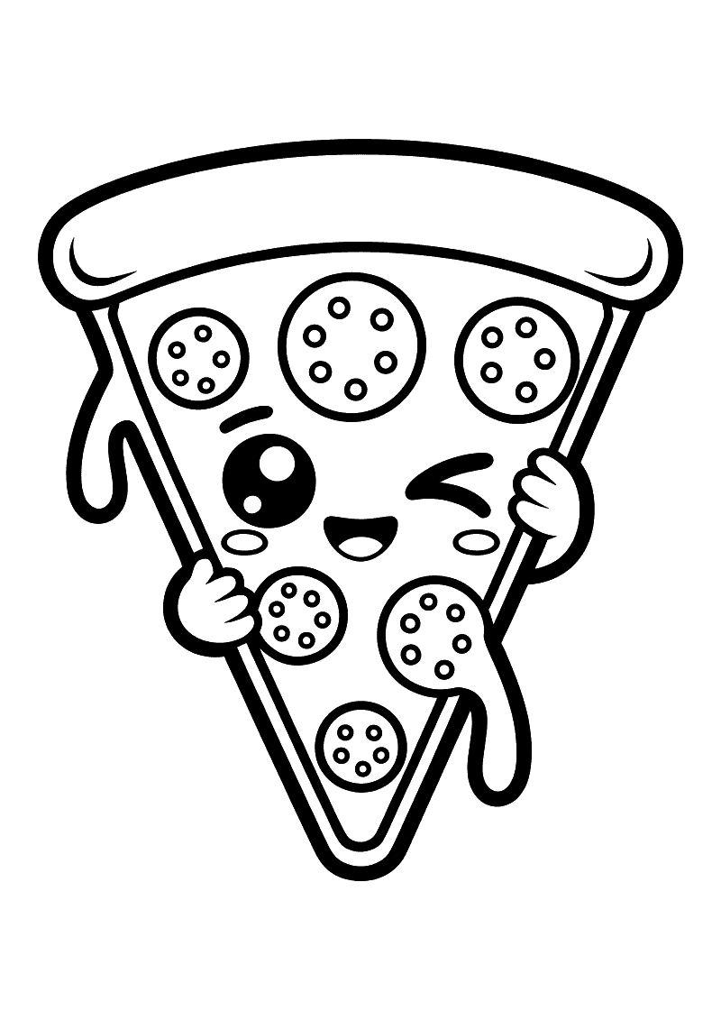Kleurplaat van een driehoekige pizzaplak met pepperoni, druipende kaas en handjes die knipoogt naar de kijker.