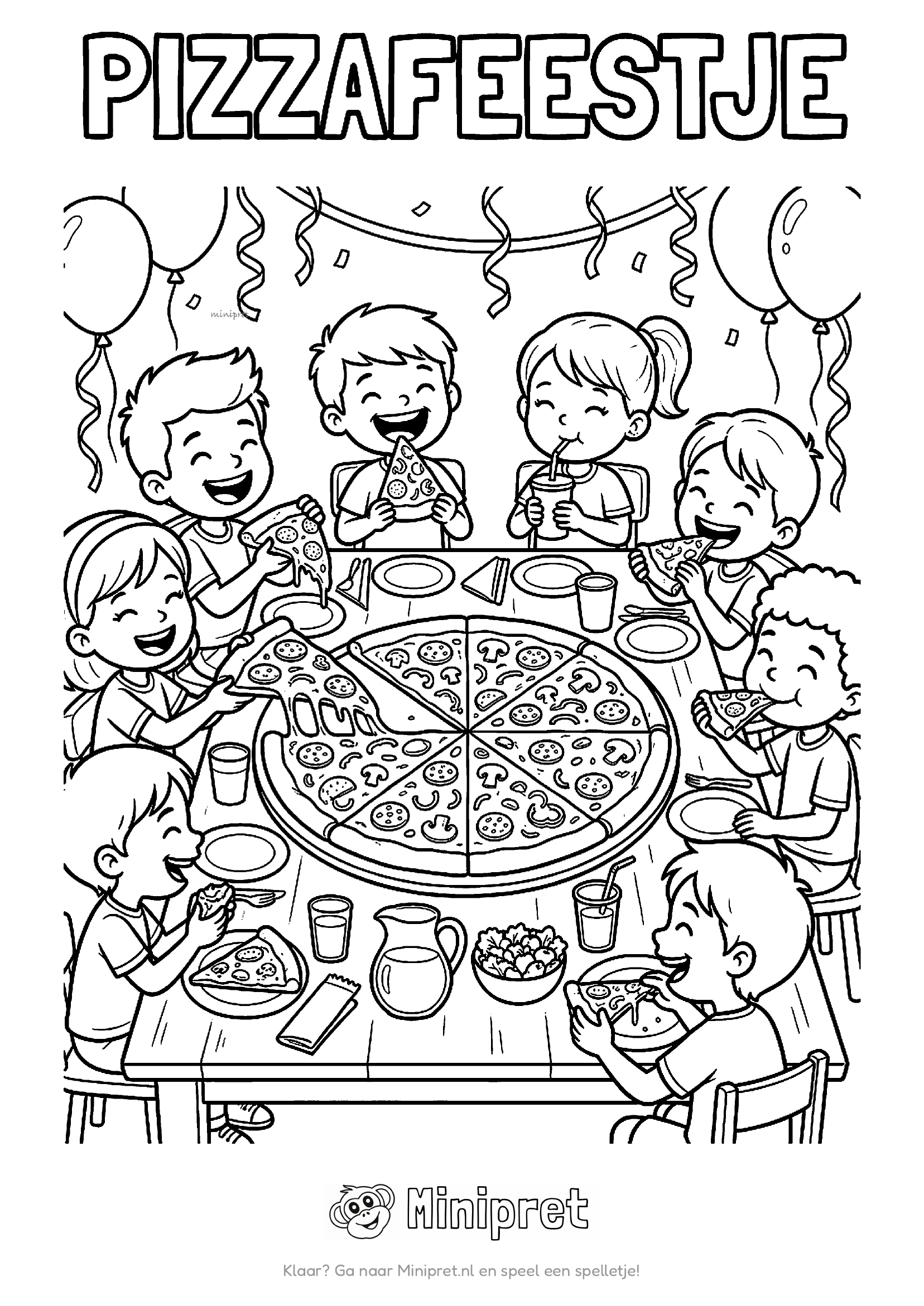 Pizzafeestje kleurplaat — kinderen die zelf pizza's beleggen aan een grote tafel met verschillende toppings