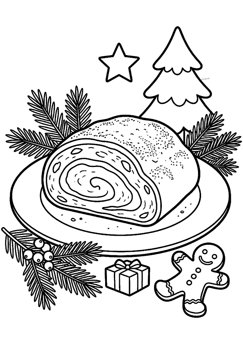 Kleurplaat van een groot plakje kerststol met spiraalvulling op een bord, met dennentakken, ster, kerstboompje en.