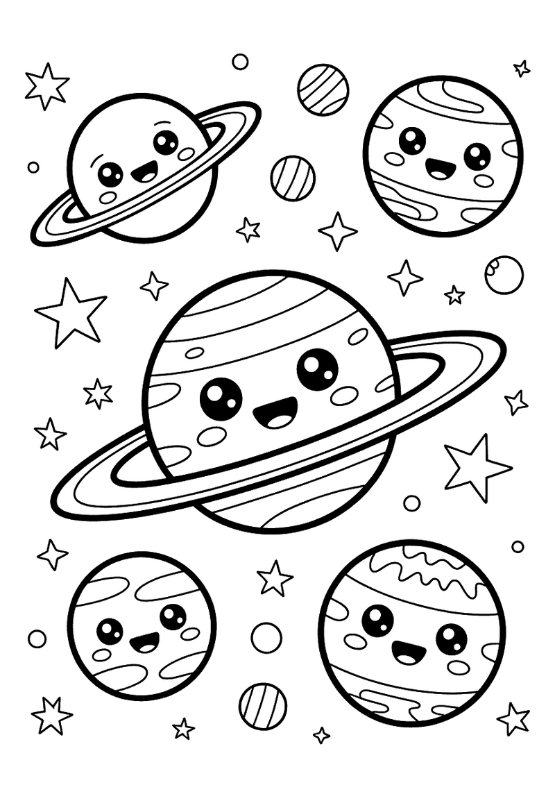 Kleurplaat van vijf kawaii planeten met ringen en lachende gezichten tussen sterren en stippen in de ruimte.